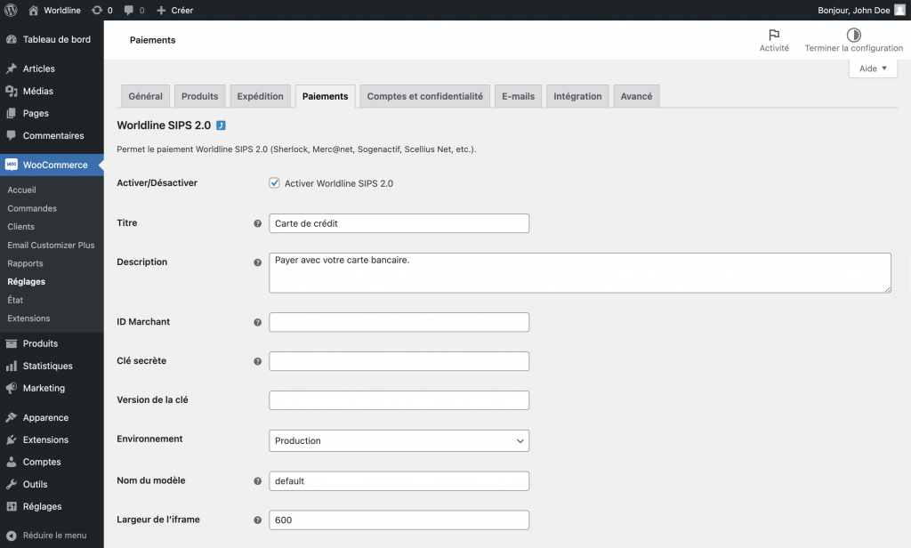 Capture d'écran de l'interface de réglage de WorldLine pour WooCommerce